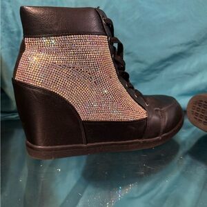 Black and Silver Women's High-Top Sneakers with hidden wedge